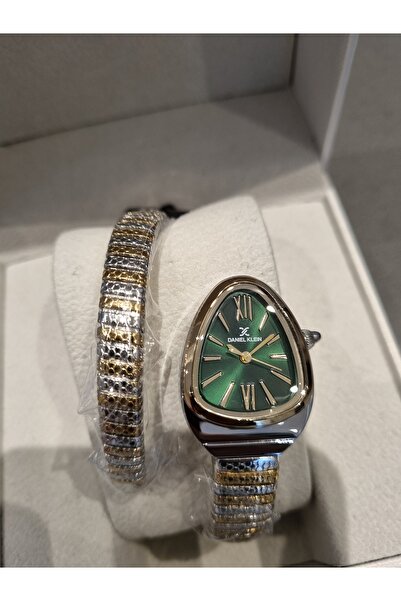 Daniel Klein YENİ YILAN MODELİ DK - Sarı Bicolor Çelik Bilezik Yeşil Kadran Kadın Kol Saati+hediye Bileklik