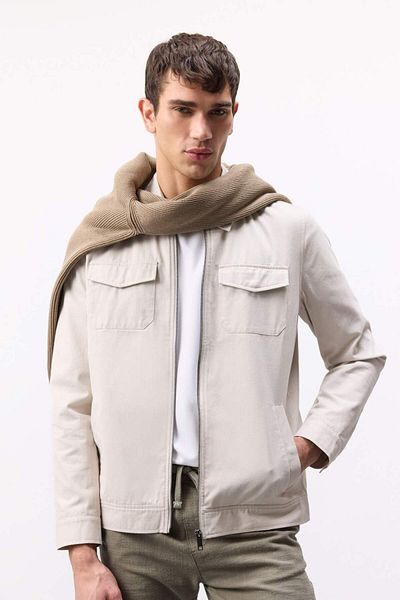 DeFacto 100% Cotton Regular Fit Shirt Collar Zippered Pocket Seasonal Spring Coat D6332Ax25Sp