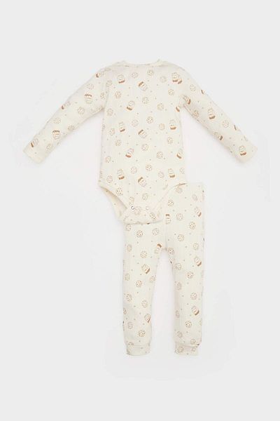 DeFacto 2-teiliges Set für Babys, Jungen, geripptes Leibchen, bedruckt, langärmelig, Druckknopfverschluss, Body, elastische Taille, langer Boden, E6303A5