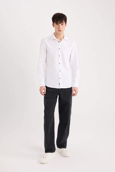 DeFacto Бяла риза с дълъг ръкав Slim Cut Slim Cut Pamuc Basic Flat A4644AX25SP