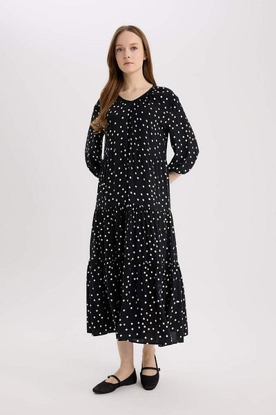 DeFacto Regular Fit Patterned V Neck Long Sleeve Maxi Dress E8302Ax25Sp