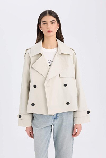 DeFacto Tuxedo Lapel Short Trench Coat - Regular Fit, Button Pocketed Epauletki