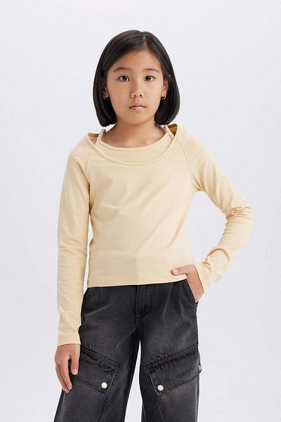 DeFacto Girls Slim Fit Slim Fit Lapel Printed Ribbed Camisole Long Sleeve T-Shirt D9237A825Sp