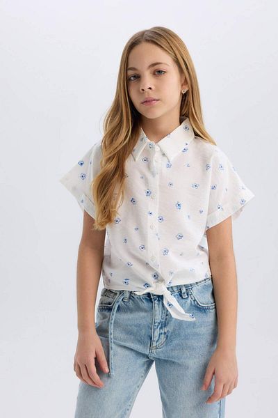DeFacto Girls' Crop Print Short Sleeve Shirt with Binding Detail D7643A825Sm