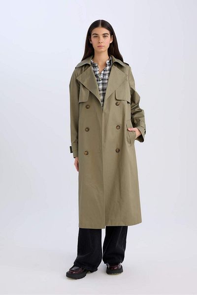 DeFacto Double Breasted Lapel Long Trench Coat - Button, Pocket and Belt, Epaulettes D5755Ax25Sp