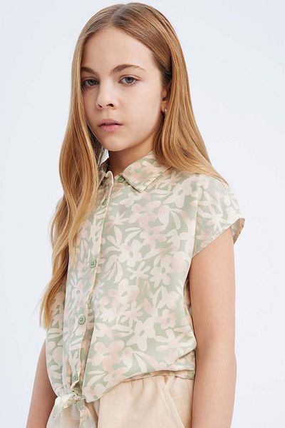 DeFacto Girls' Crop Cotton Patterned Front Tie-Up Short Sleeve Shirt D7791A825Sm