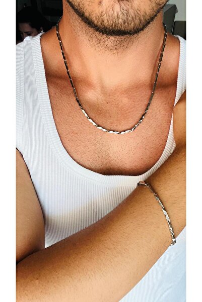 ZEYM Erkek Gümüş Renk Sade Model Çelik Kolye ve Bileklik Seti – Kararmaz, Suya Dayanıklı