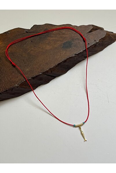 Rupen Kraft 925 Ayar Kırmızı İpli Tasarım Balık Kolye Firuze Taşlı Balık Kolye Gold Balık Kolye Şans Kolyesi