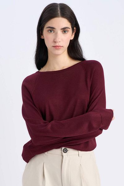 DeFacto Regular Fit Crew Neck Basic Plain Bordo Πλεκτό Πουλόβερ D6281AX25SP