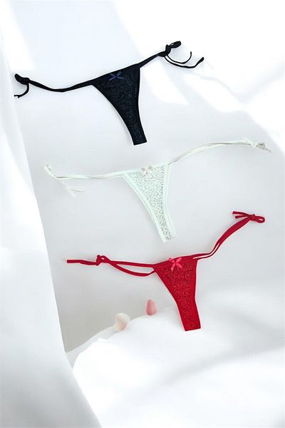Emsay Store Romantic Series Adjustable Plus Size Sexy String Panties with Lace-Bow Set of 3