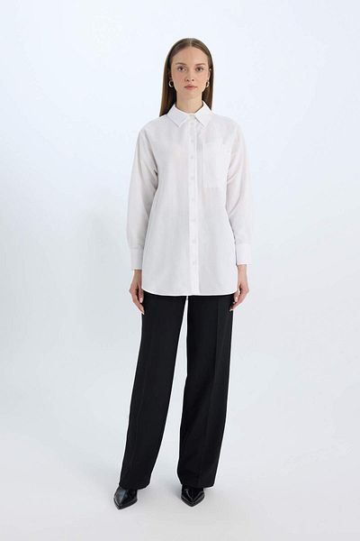 DeFacto Relax Fit Poplin Basic Απλό Λευκό Μακρυμάνικο Πουκάμισο Μπλουζάκι D7342AX25SP