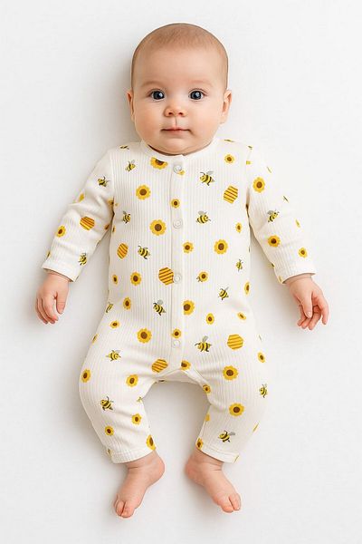 dinamik çocuk Unisex Newborn Baby Onesie - 100% Cotton, Flexible, Bee Printed with Snap Fasteners, 1-3-6 Months