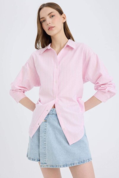 DeFacto Oversize Geniş Kalıp Çizgili Oxford Uzun Kollu Gömlek D4015AX25SP