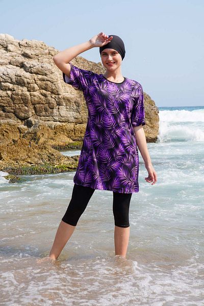 vawensea ملابس سباحة نسائية منقوشة بنصف كم باللون الأرجواني (نطاق كبير الحجم)