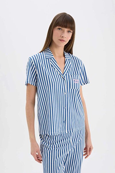 DeFacto Pijama Takımı Çizgili Kısa Kollu Üst Beli Lastikli Uzun Alt-Fall in Love E0275AX25SP