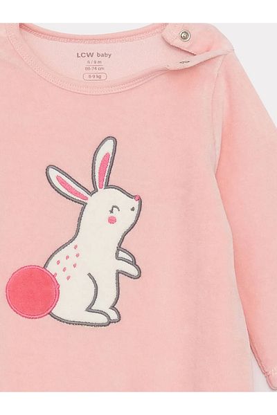 LC Waikiki lCW Baby - Vibrant PinK Embroidered Crew NecK Velvet Baby Girl Jumpsuit
