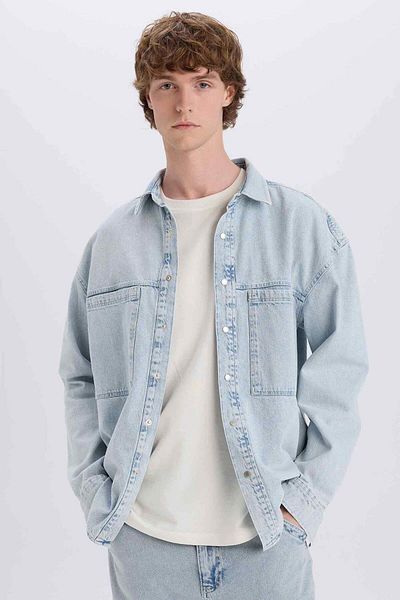 DeFacto 100% Cotton Oversize Wide Fit Long Sleeve Jean Shirt D8333Ax25Sp