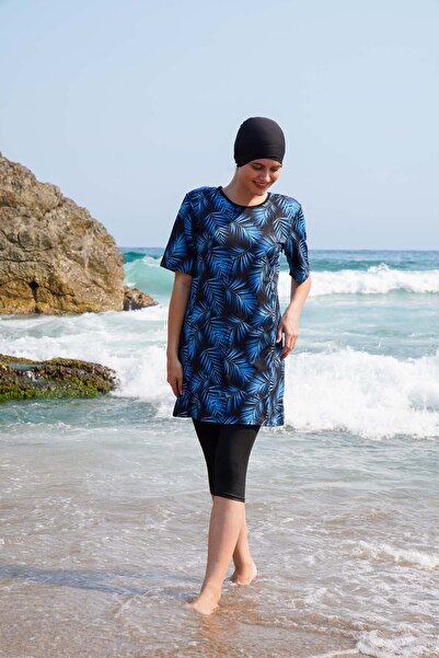 vawensea Kadın Yarım Kol Desenli Tesettür Mayo Mavi (GENİŞ BEDEN ARALIĞI)