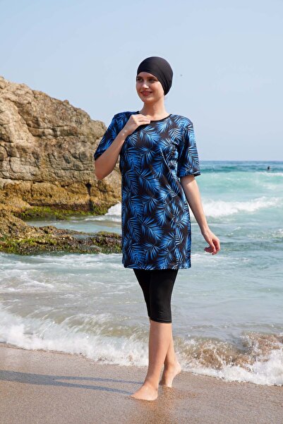 vawensea Kadın Yarım Kol Desenli Tesettür Mayo Mavi (GENİŞ BEDEN ARALIĞI)