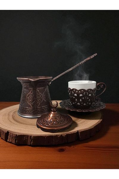 E orient 2 Person Hollowed Out Cast Iron Coffee Pot and High Quality Copper Inlaid Turkish Coffee Cup