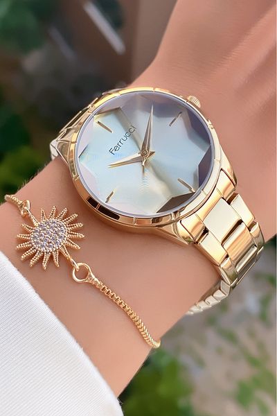Ferrucci Brand Gold Color Steel Cord Original Women's Wristwatch with 2 Years Warranty - Bracelet Gift