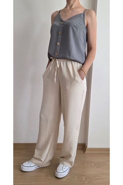 EKAY Sofia Linen Loose Cut Trousers with Elastic Waist and Lace Detail