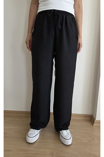 EKAY Sofia Linen Loose Cut Trousers with Elastic Waist and Lace Detail