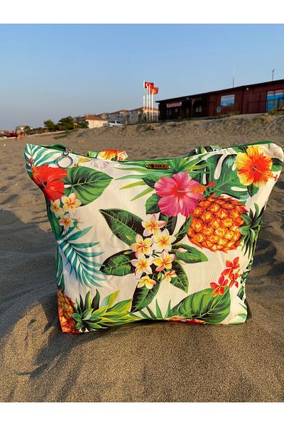 MER HOME Tropical Patterned Zippered Lined Beach Bag Casual Shoulder Bag