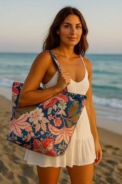 MER HOME Ethnic Floral Patterned Zippered Lined Beach Bag Daily Shoulder Bag