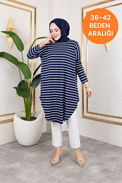 Cochines Women's Navy Blue White Striped Flared Combed Cotton Oversize Crew Neck Summer Casual Hijab Tunic