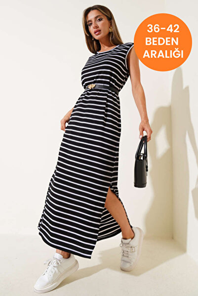 Cochines Women's Black and White Striped Long Strap Slit Summer Combed Cotton Blend Sleeveless Dress