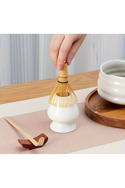 Kraft Matcha Set of 3 Bamboo Beater with White Ceramic Chashaku and Teaspoon