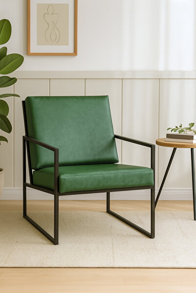 Azra Mobilya İskandinav Tarzı Metal Ayaklı Deri Tekli Koltuk – Yeşil