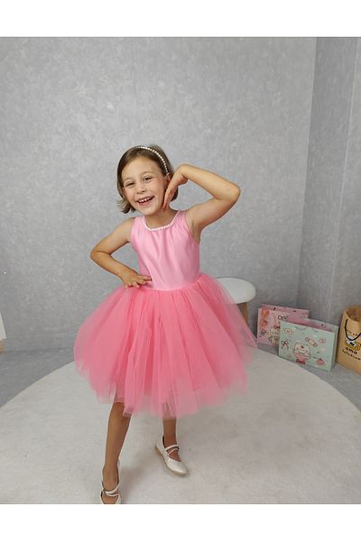 NSMLİFE Girl's Evening Dress Island, Pink Collar Pearl, Tutu Dress