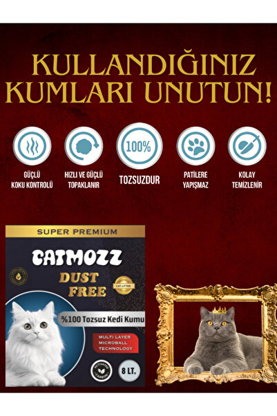 CatMozz Dust Free %100 Tozsuz Süper Premium Aktif Karbon Topaklaşan Hipoalerjik Kokusuz Ince Kedi Kumu 8 Lt