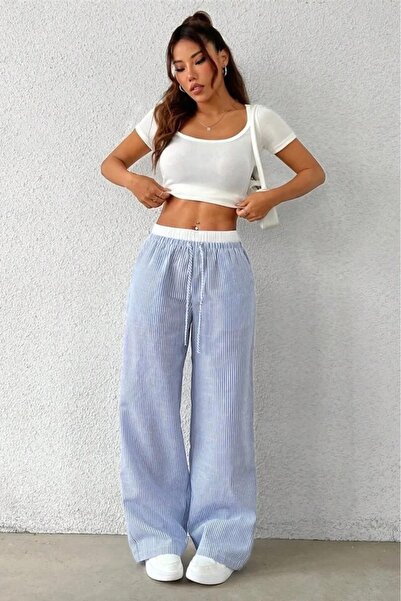 Baby xclub Açık Mavi Beyaz Çizgili Yüksek Bel Rahat Kesim Pantolon