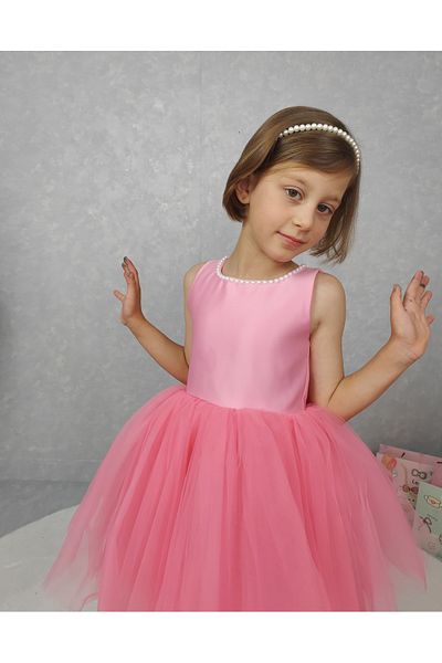 NSMLİFE Girl's Evening Dress Island, Pink Collar Pearl, Tutu Dress