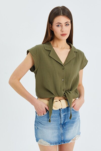 Mixray 4555 Μοντέλο Χακί Γυναικείο πουκάμισο μουσελίνας Crop - Μπροστινό δέσιμο