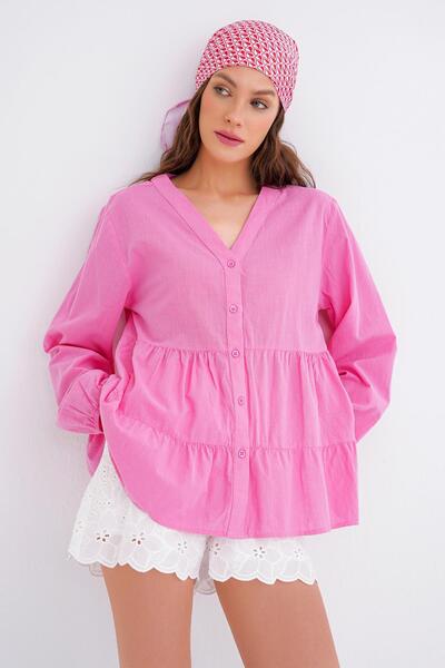 Mixray Pink Layered V-Neck Summer Linen Shirt Women's 4637 Model