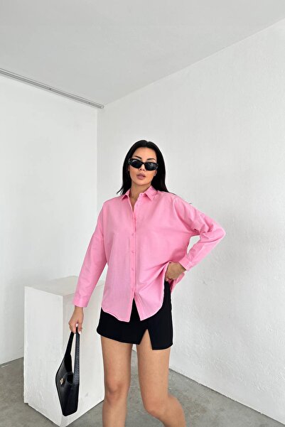 Mixray 3864 Women's Oversize Pink Long Shirt