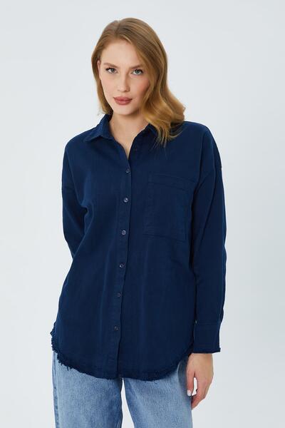 Mixray Синя 4569 Модель Жіноча сорочка з льону - Зі швами