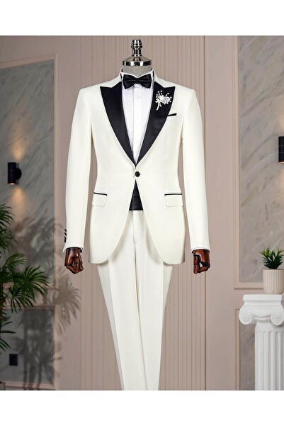 TerziAdemAltun Ecru Slim Fit Italian Cut Pointed Collar Jacket and Trousers S...