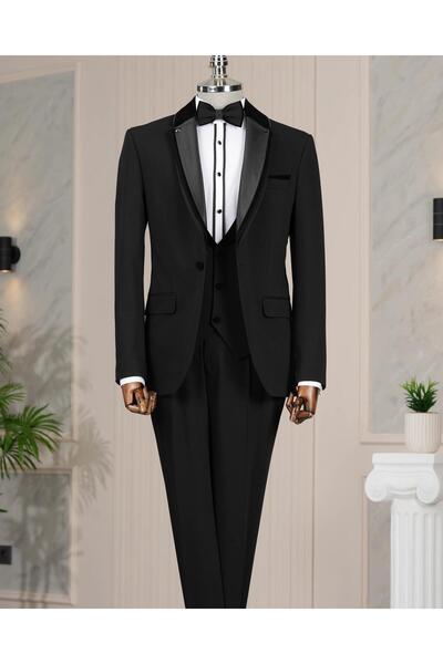 TerziAdemAltun İtalyan kesim slim fit ceket yelek pantolon damatlık set Siyah...