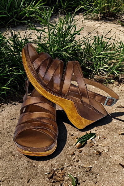 İNZE AYAKKABI Tan Multi-Strapped Genuine Leather Sandals Model Carnation