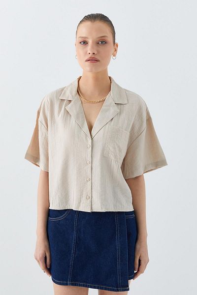 Mixray 4556 Model Femei - Cămașă Crop Basic cu buzunare - Culoare Stone