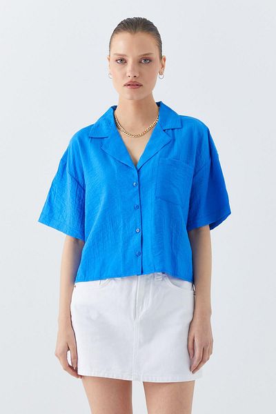 Mixray 4556 Model Saks Blue Cămașă Crop pentru femei - Design de bază cu buzunar