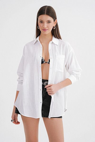 Mixray Cămașă de in Basic oversize de damă cu buzunare - 4670 Alb