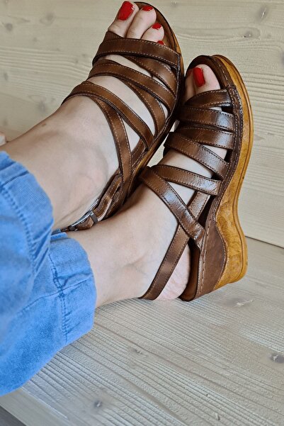 İNZE AYAKKABI Tan Multi-Strapped Genuine Leather Sandals Model Carnation