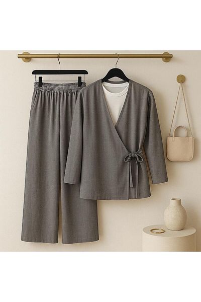 New Lune Women's Clothing Gray Color Side Tie Linen Tunic Suit Bottom Top Double Suit