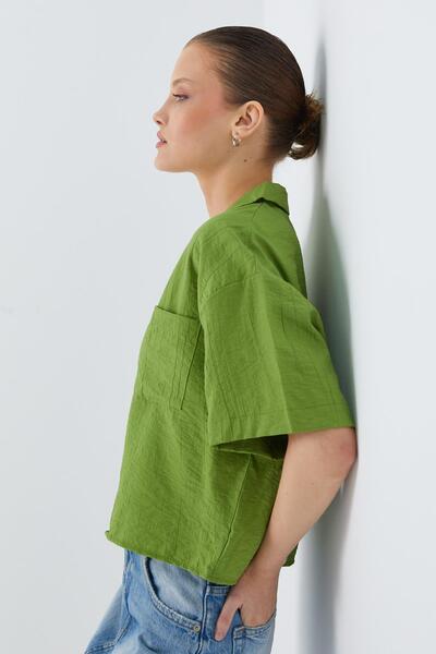 Mixray 4556 Model Olive Crop Shirt - Women'S, Basic Design with Pockets